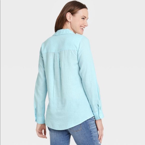 Isabel Maternity Long Sleeve Collared Side Woven Popover Maternity Shirt NWT - Picture 2 of 7